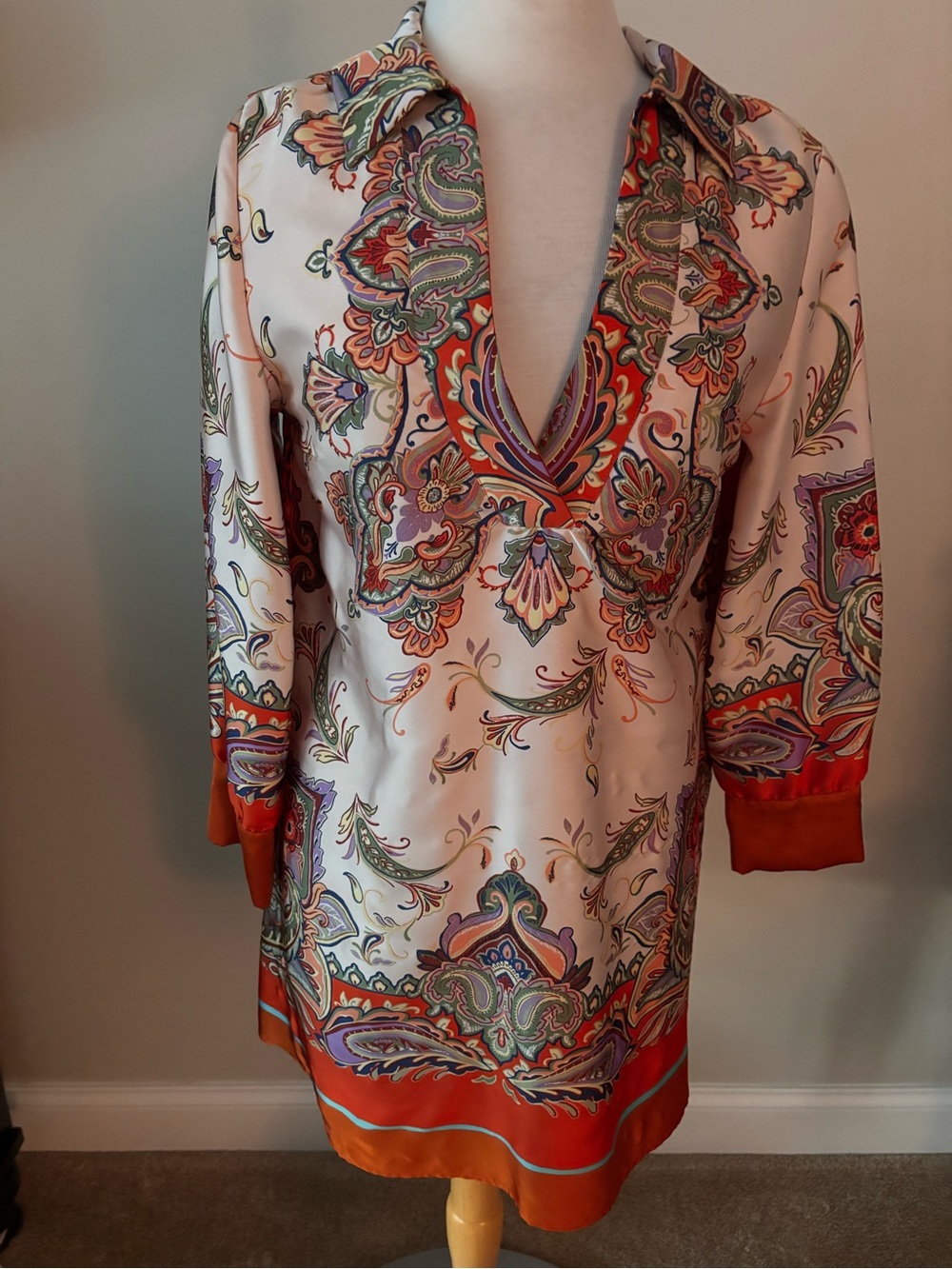 Paisley Silk-Feel Tunic Dress in Cream and Orange.